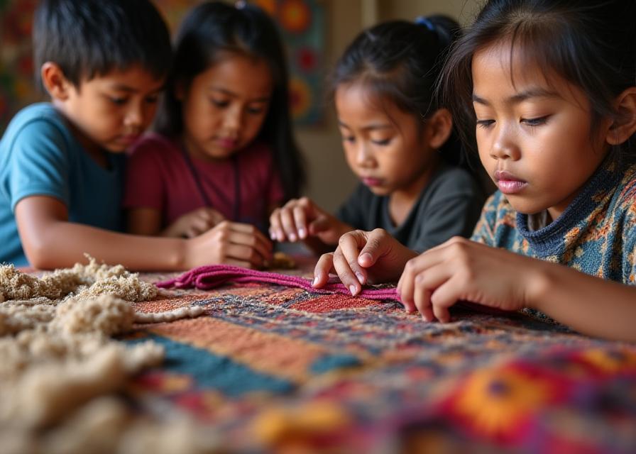 Niños aprendiendo artesanías tradicionales colombianas